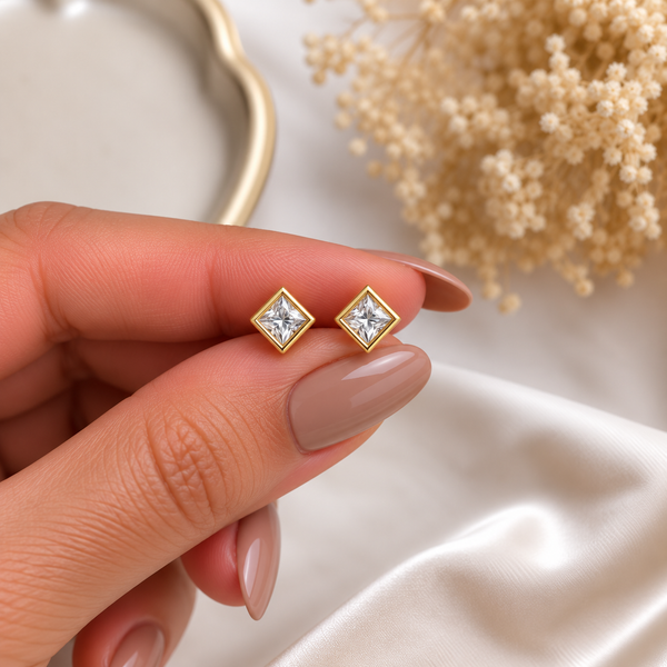 Princess Square Ball Back Stud Earrings