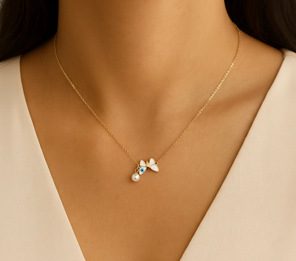 Evil Eye Butterfly & Pearl Necklace