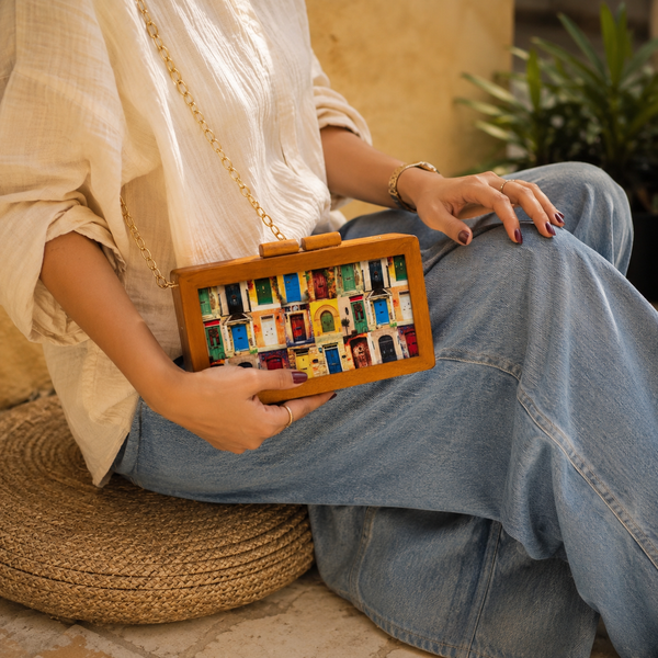 Door Printed Wooden Clutch