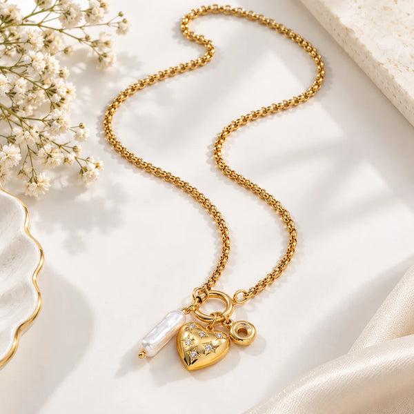Heart Pearl Multi Charms Necklace