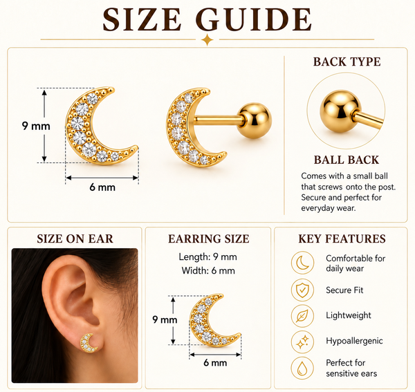 Crescent Moon Ball Back Stud Earrings