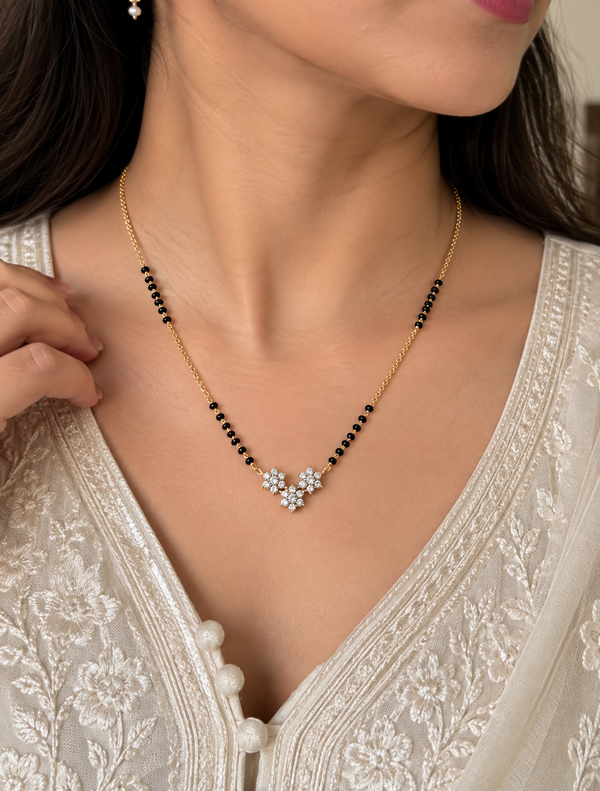 Avni Three Floral Black Bead Mangalsutra