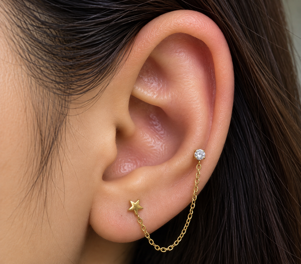 Star Crystal Double Piercing Chain Stud