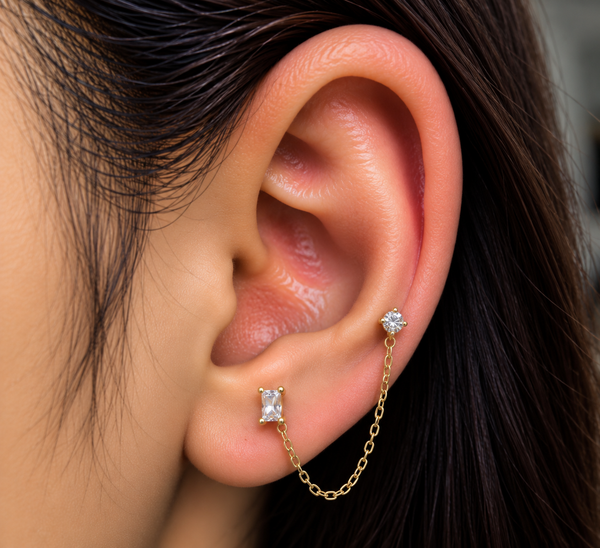 Baguette Crystal Double Piercing Chain Stud
