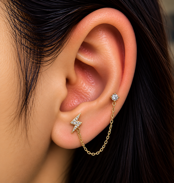 Lightning Bolt Crystal Double Piercing Chain Stud