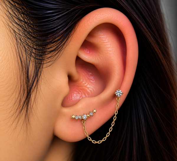 Crystal Star Trail Double Piercing Chain Stud