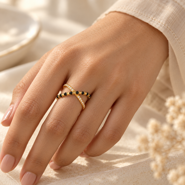 Criss Cross Black Bead Mangalsutra Ring