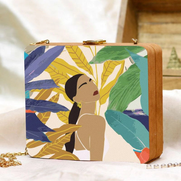Girl WithMulti Colour Leaf Wooden Clutch