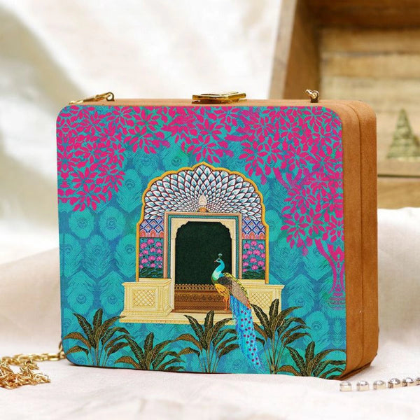 Royal Blue Peacock Print Wooden Clutch