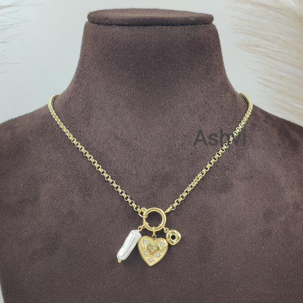 Heart Pearl Multi Charms Necklace