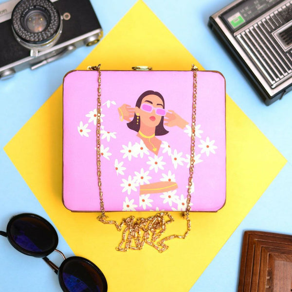 White Floral Women Portrait Wooden Clutch