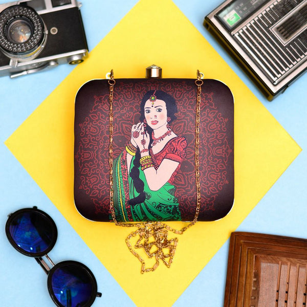 Green Saree WomanPrinted Square Clutch