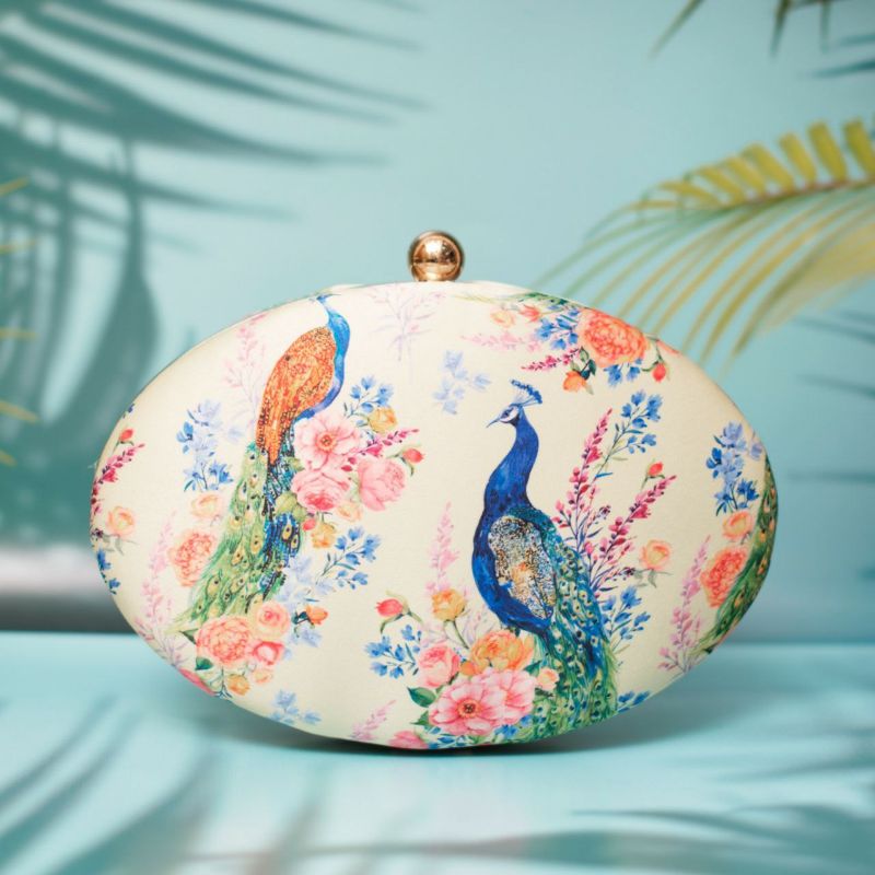 Oval Shape Peacock Print Clutch