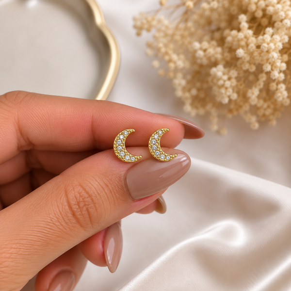 Crescent Moon Ball Back Stud Earrings