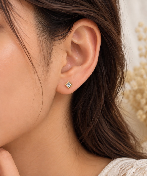 Princess Square Ball Back Stud Earrings