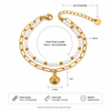 Gold-tone double-strand chain bracelet with white beads and a shell charm, shown with dimension labels and a specifications panel at the bottom.
