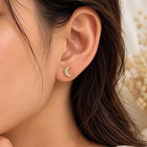 Crescent Moon Ball Back Stud Earrings