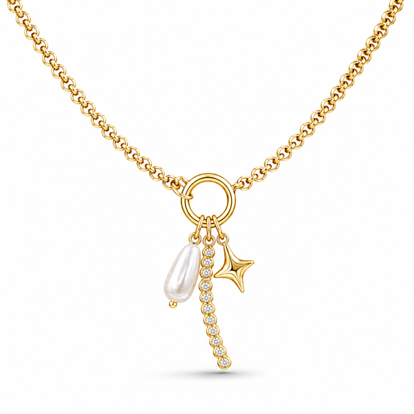 Star Pearl Diamond Multi Charms Necklace
