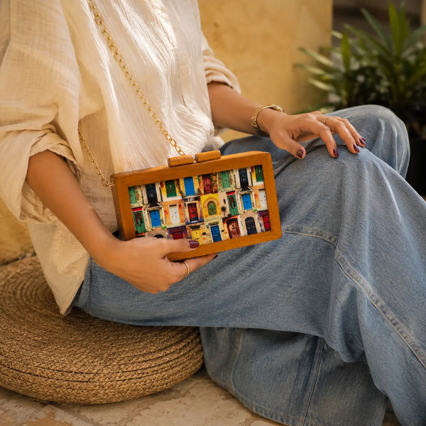 Door Printed Wooden Clutch
