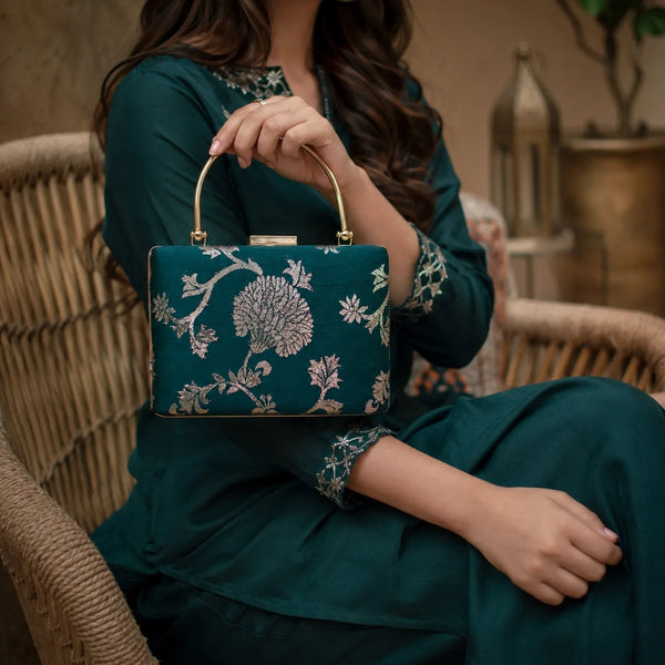 Green floral Handle Clutch