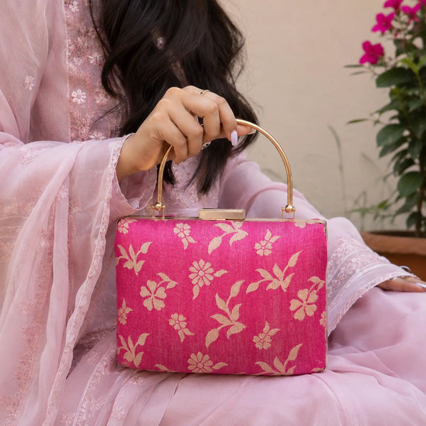 Pink floral Handle Clutch