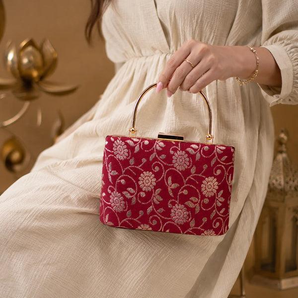 Mehroon silver floral Handle Clutch