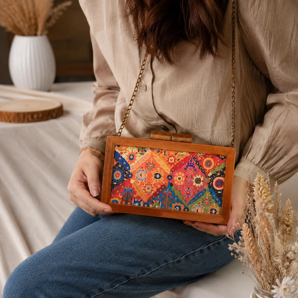 Flower Print Wooden Clutch