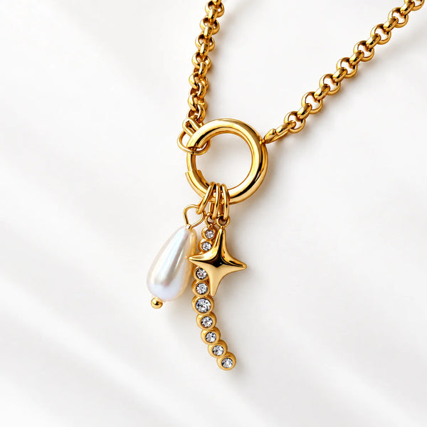 Star Pearl Diamond Multi Charms Necklace