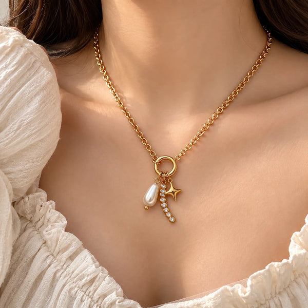 Star Pearl Diamond Multi Charms Necklace