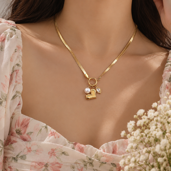 Heart Pearl Diamond Multi Charms Necklace