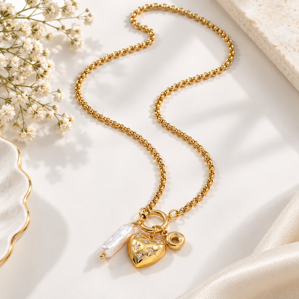 Heart Pearl Multi Charms Necklace