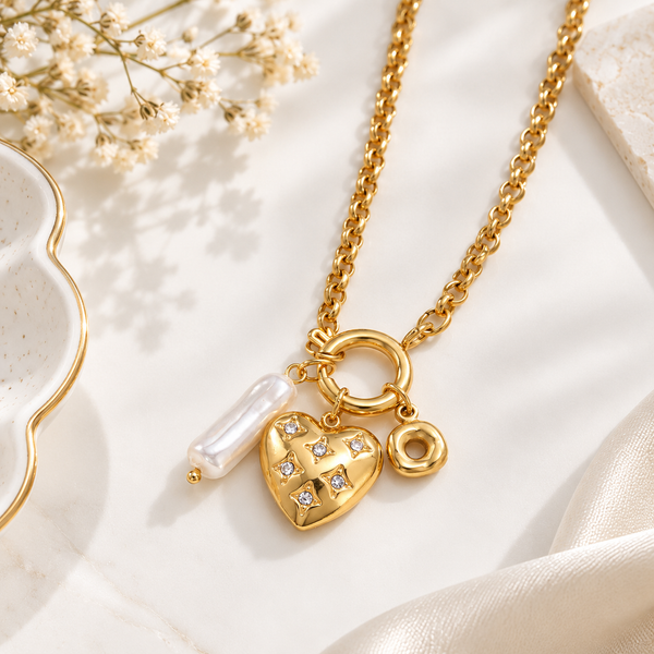 Heart Pearl Multi Charms Necklace