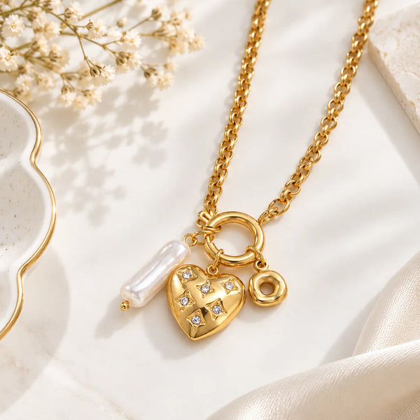 Heart Pearl Multi Charms Necklace