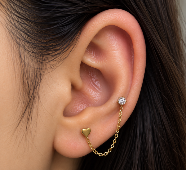 Heart Crystal Double Piercing Chain Stud