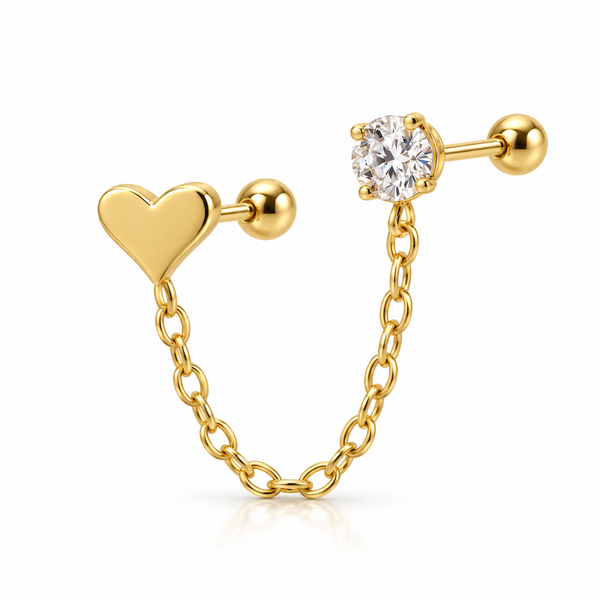 Heart Crystal Double Piercing Chain Stud