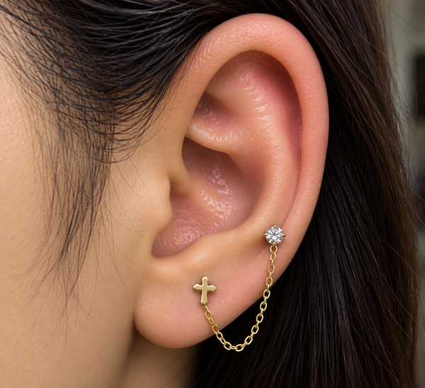 Cross Crystal Double Piercing Chain Stud