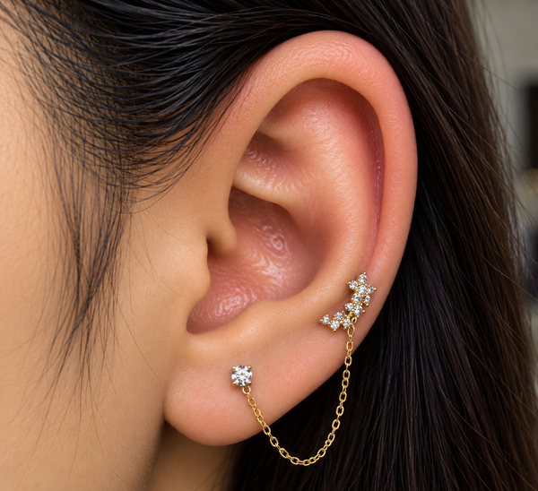 Crystal Floral Vine Double Piercing Chain Stud