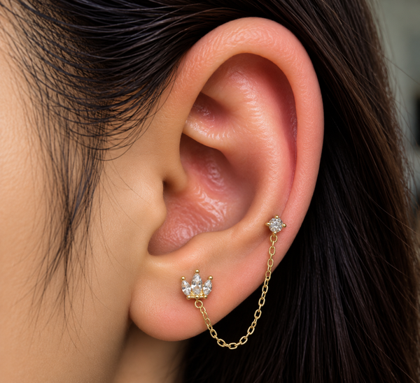 Marquise Crystal Crown Double Piercing Chain Stud