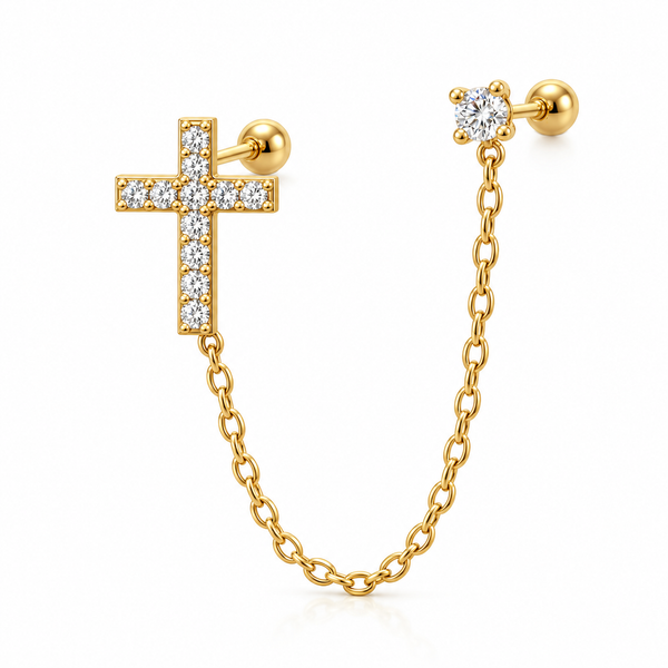Pave Crystal Cross Double Piercing Chain Stud