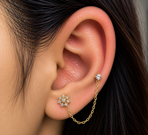 Crystal Flower Double Piercing Chain Stud