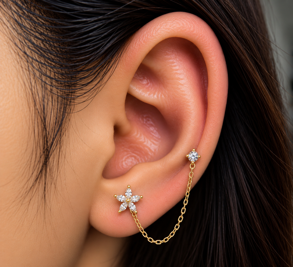 Marquise Flower Double Piercing Chain Stud