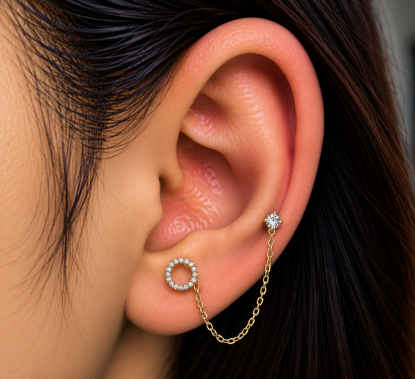 Crystal Halo Double Piercing Chain Stud