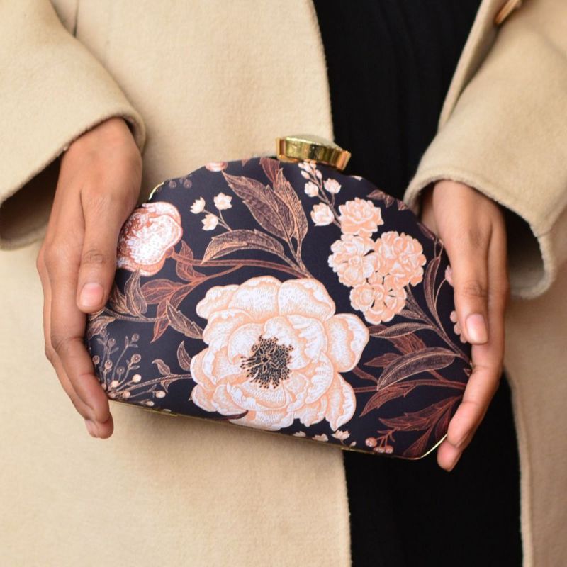 Black Floral D Shape Clutch