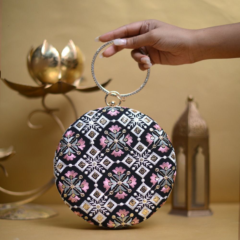 Floral Embroidery Circular Clutch