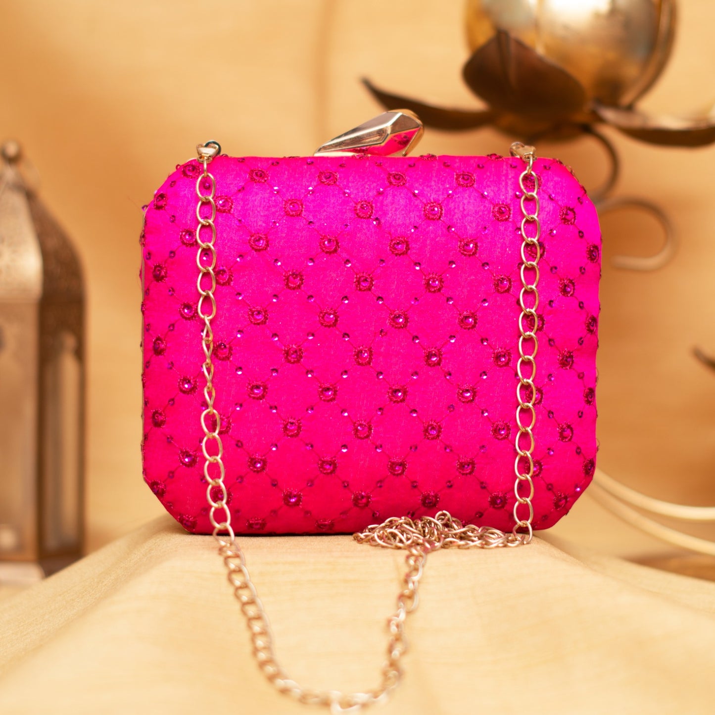 Embroidery Pink Square Clutch