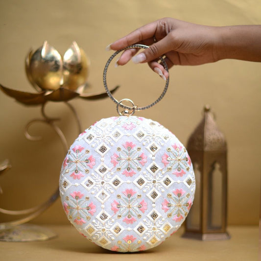 Floral Embroidery Round Clutch